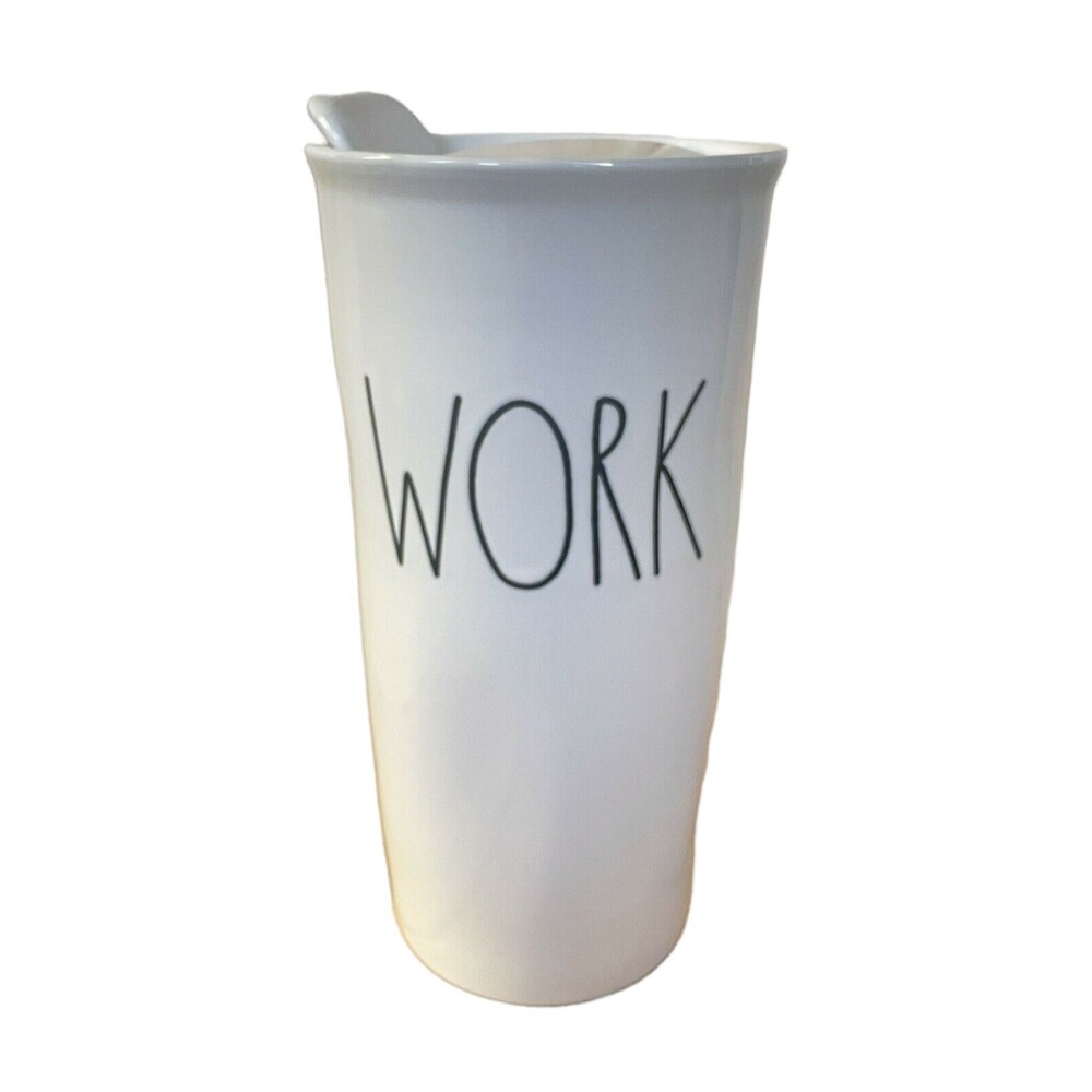 Rae Dunn Ceramic "WORK" Travel Mug with Lid